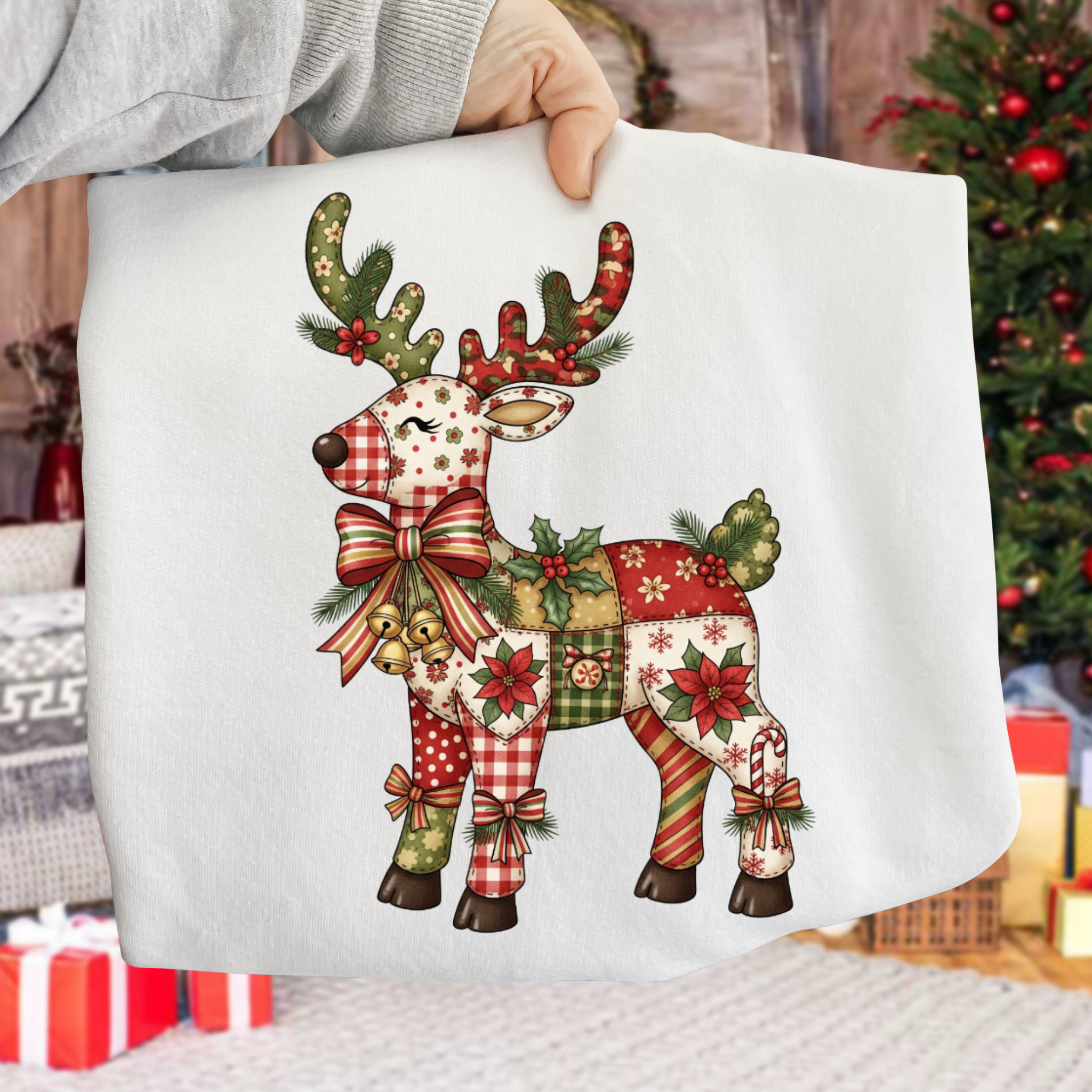 Quilted Folk Art Christmas Reindeer DTF Transfer